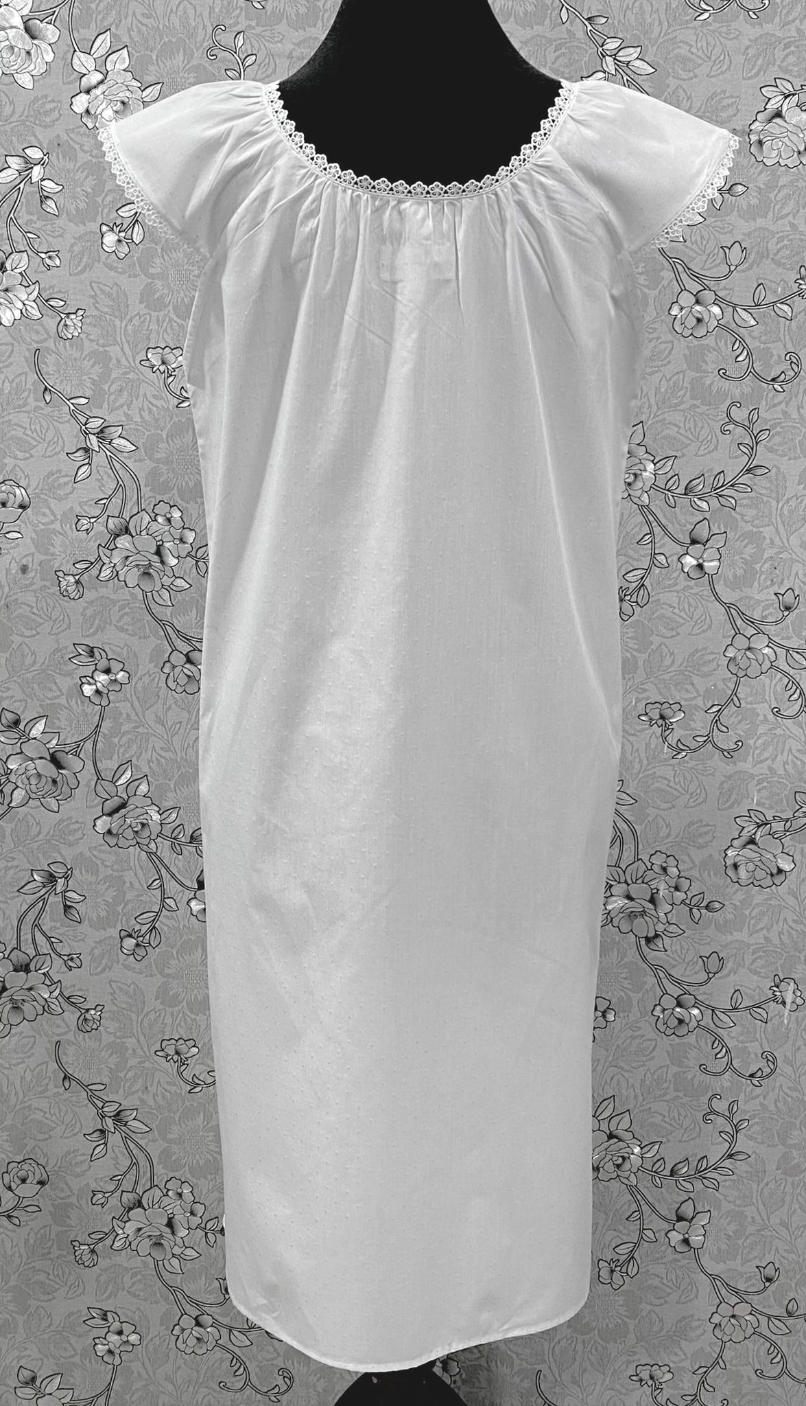 SoieRose 100% Cotton Victorian Nightgown – White with Subtle Blue Dots & Lace Trim - SR-1203