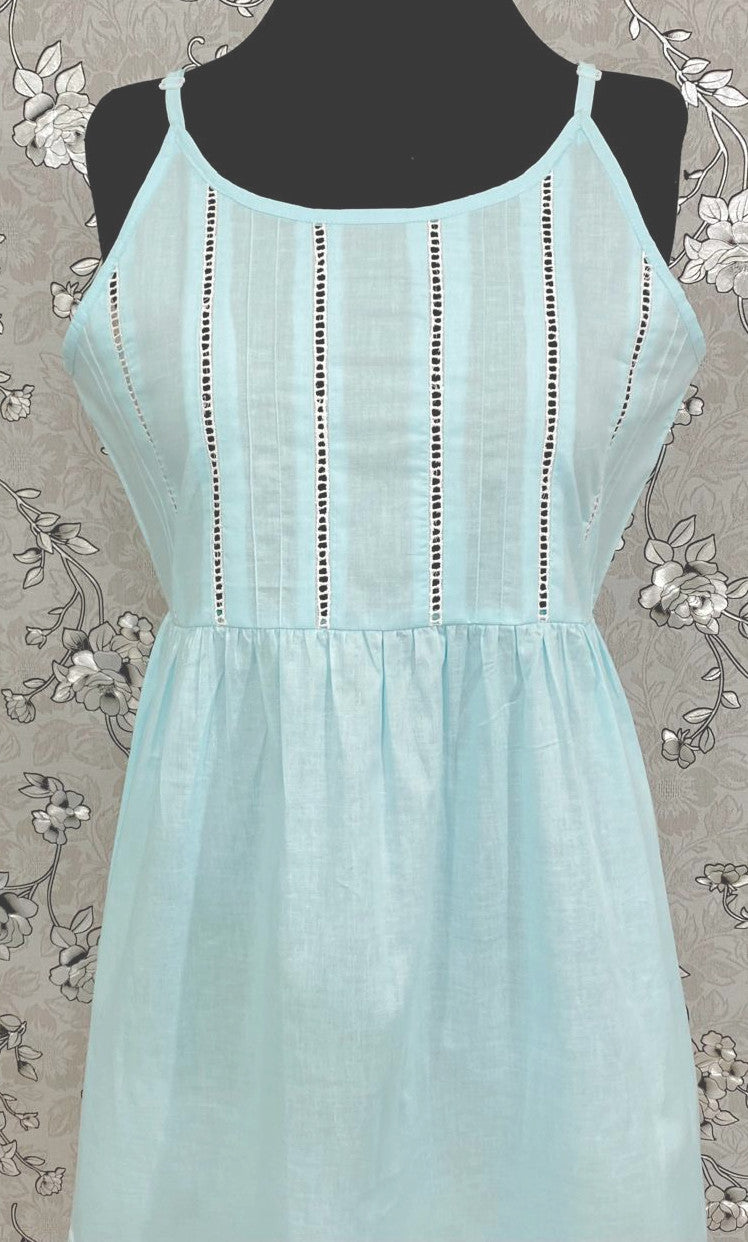 SoieRose 100% Cotton Victorian Spaghetti Strap Nightgown - Sleek Fit - Celeste - SR1124