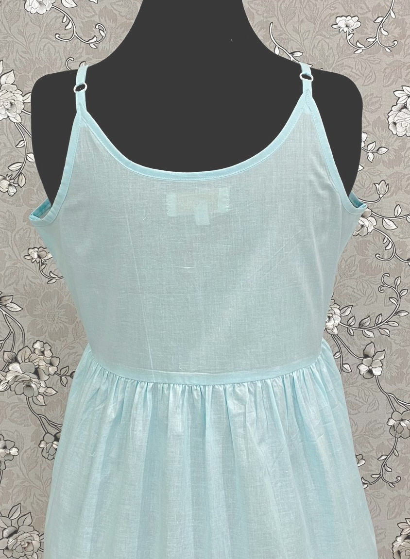 SoieRose 100% Cotton Victorian Spaghetti Strap Nightgown - Sleek Fit - Celeste - SR1124