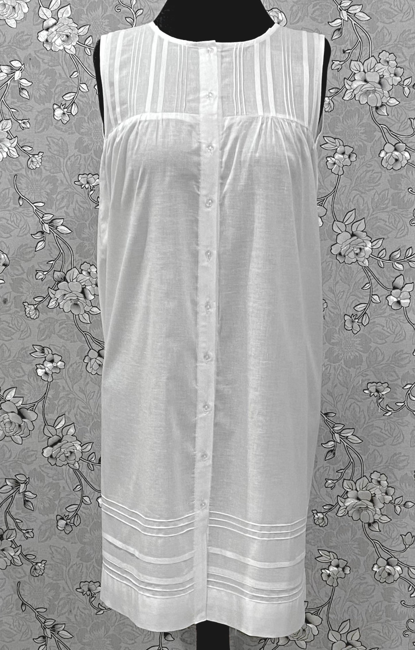 SoieRose 100% Cotton Victorian White Nightgown – Sleeveless Button Front Pintuck Sleepwear – SR-1205
