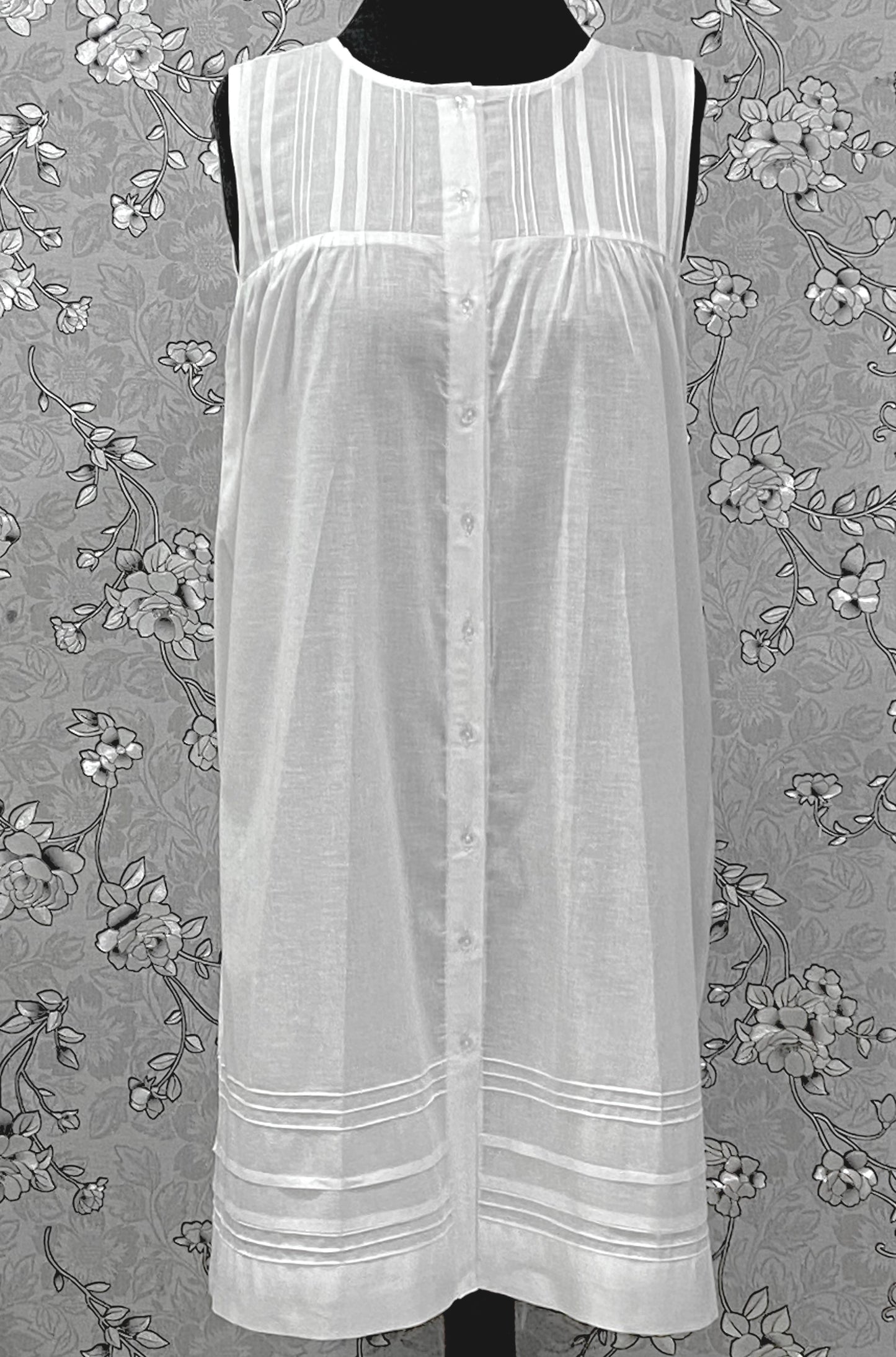 SoieRose 100% Cotton Victorian White Nightgown – Sleeveless Button Front Pintuck Sleepwear – SR-1205