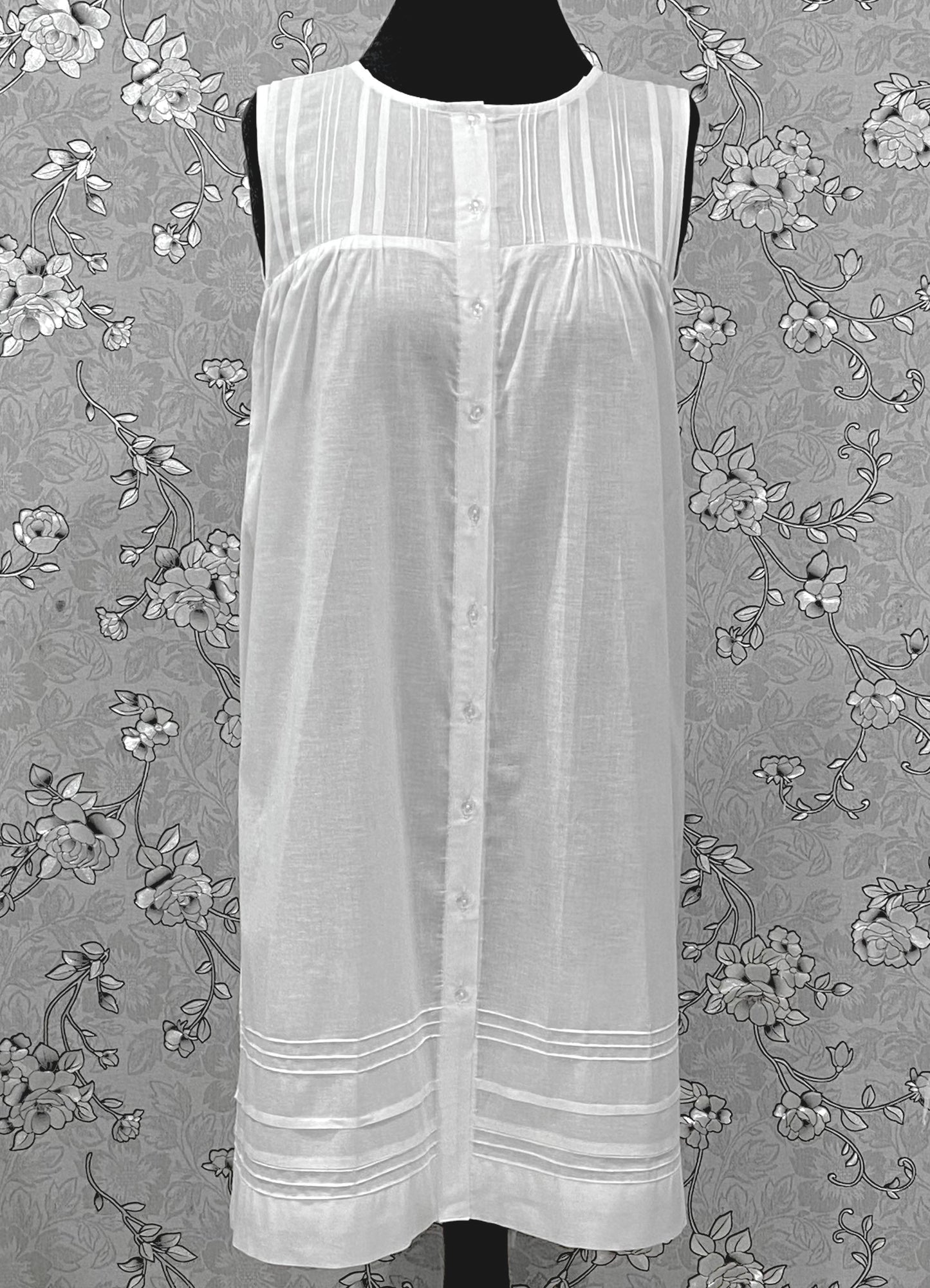 SoieRose 100% Cotton Victorian White Nightgown – Sleeveless Button Front Pintuck Sleepwear – SR-1205