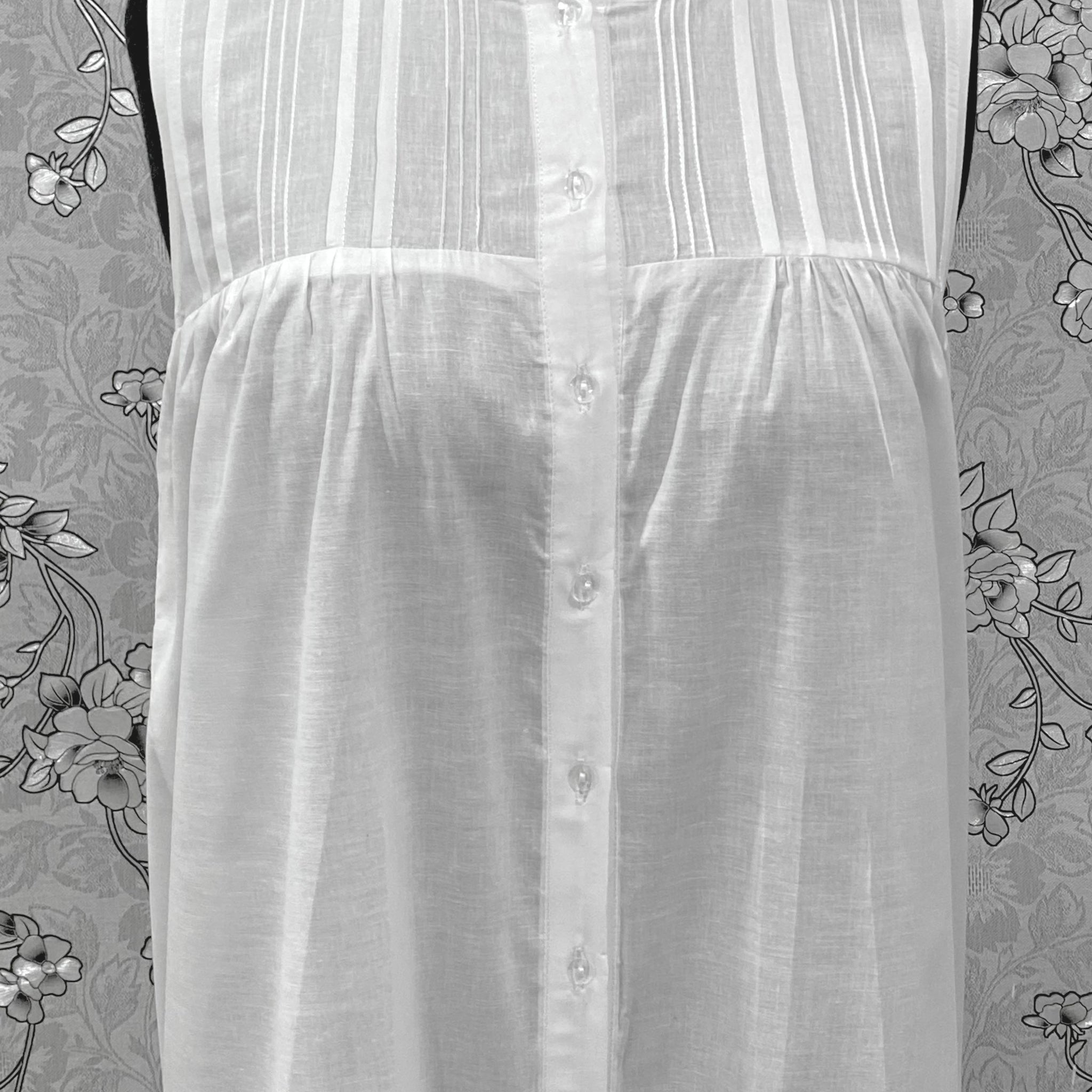 SoieRose 100% Cotton Victorian White Nightgown – Sleeveless Button Front Pintuck Sleepwear – SR-1205