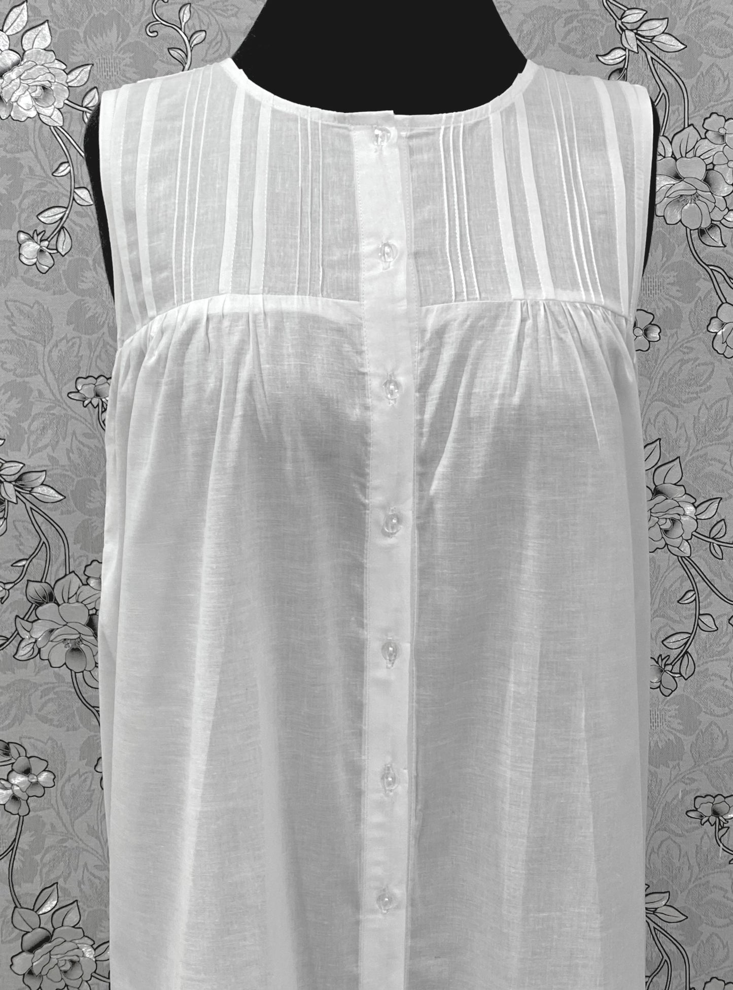 SoieRose 100% Cotton Victorian White Nightgown – Sleeveless Button Front Pintuck Sleepwear – SR-1205