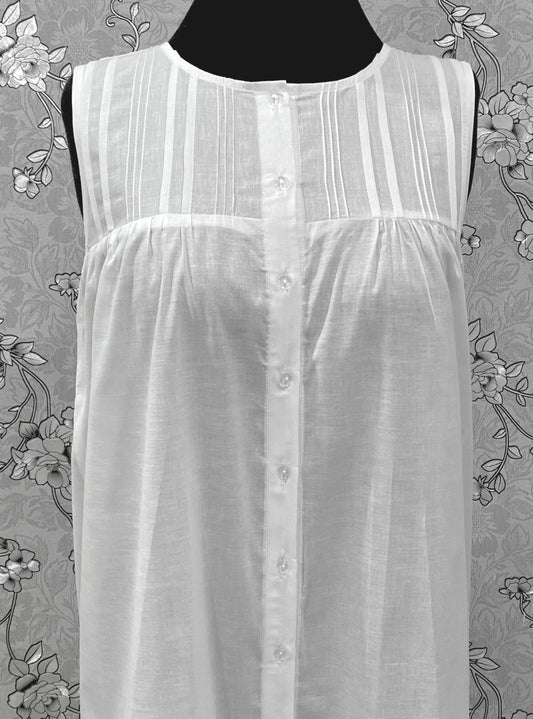 SoieRose 100% Cotton Victorian White Nightgown – Sleeveless Button Front Pintuck Sleepwear – SR-1205
