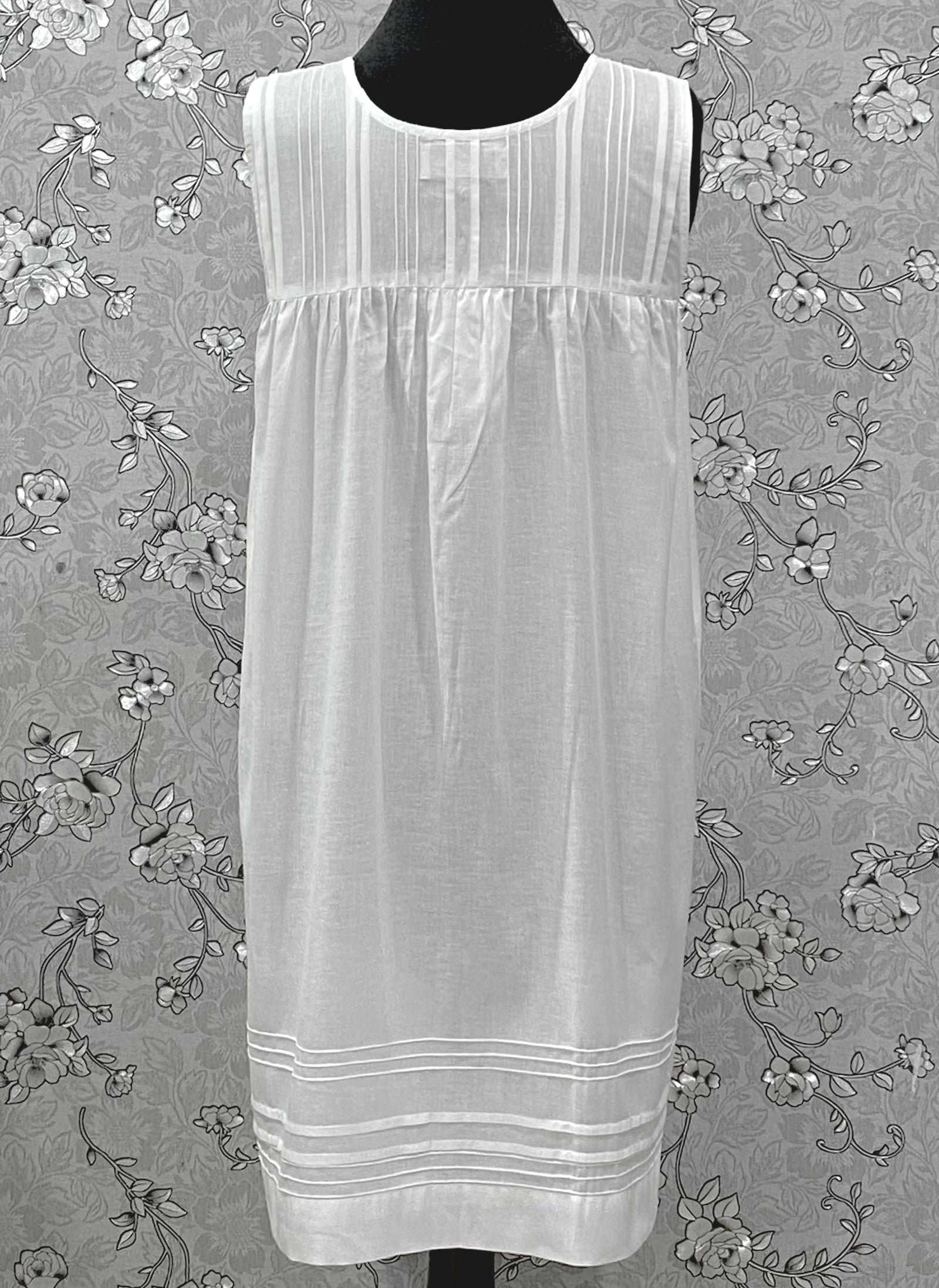 SoieRose 100% Cotton Victorian White Nightgown – Sleeveless Button Front Pintuck Sleepwear – SR-1205