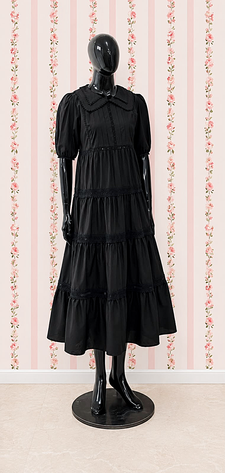 SoieRose 100% Cotton Vintage Cottagecore Black Tiered Maxi Dress - SR-1315