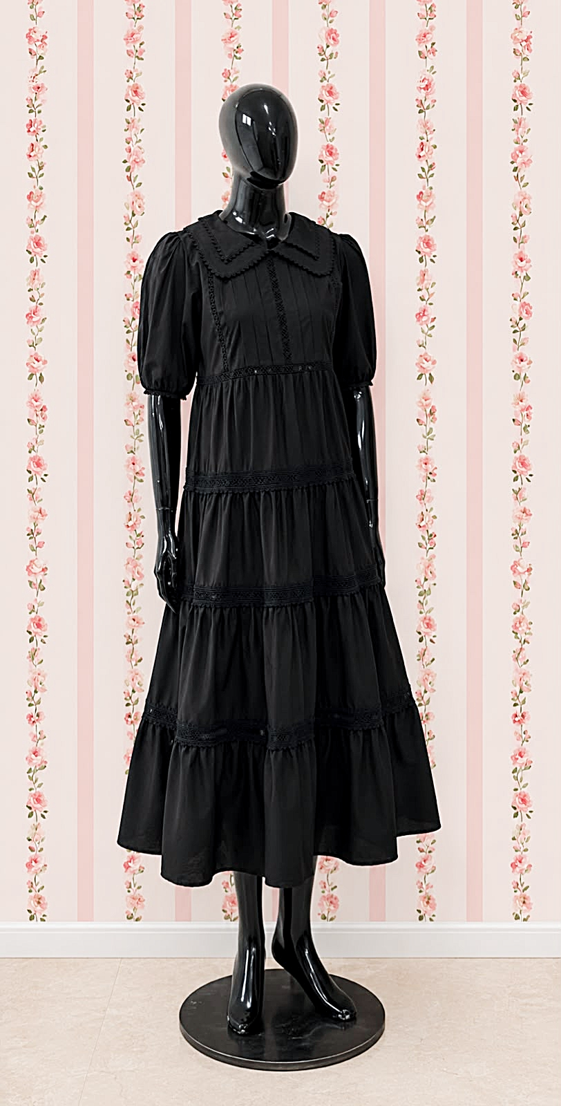 SoieRose 100% Cotton Vintage Cottagecore Black Tiered Maxi Dress - SR-1315