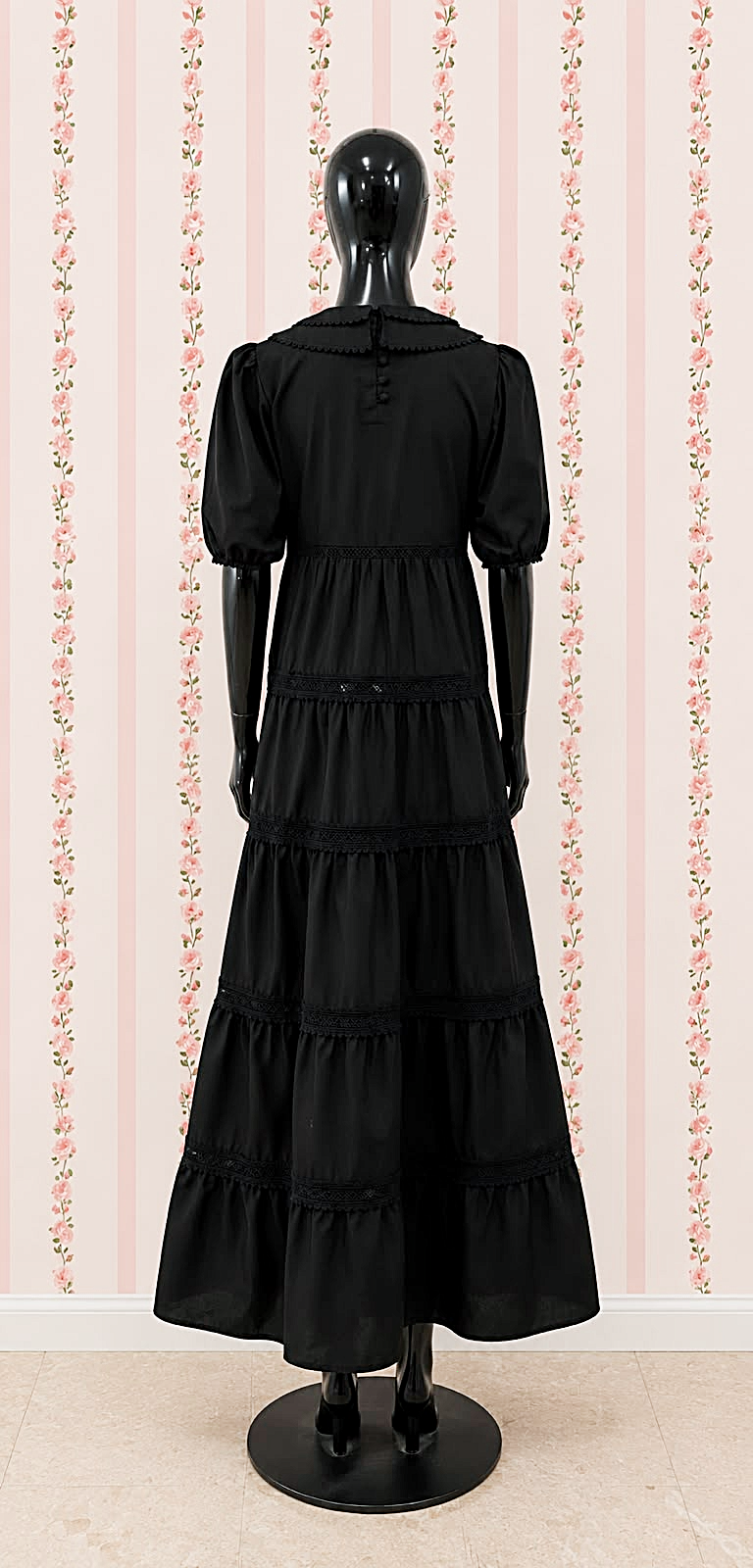 SoieRose 100% Cotton Vintage Cottagecore Black Tiered Maxi Dress - SR-1315