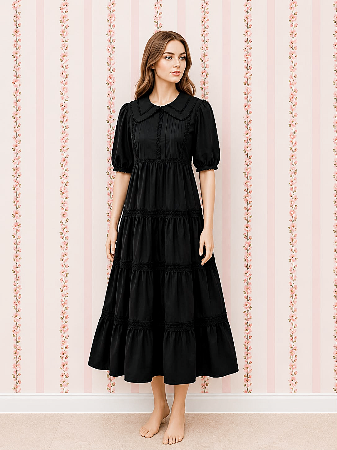 SoieRose 100% Cotton Burgundy Prairie Maxi Dress with Puff Sleeves
