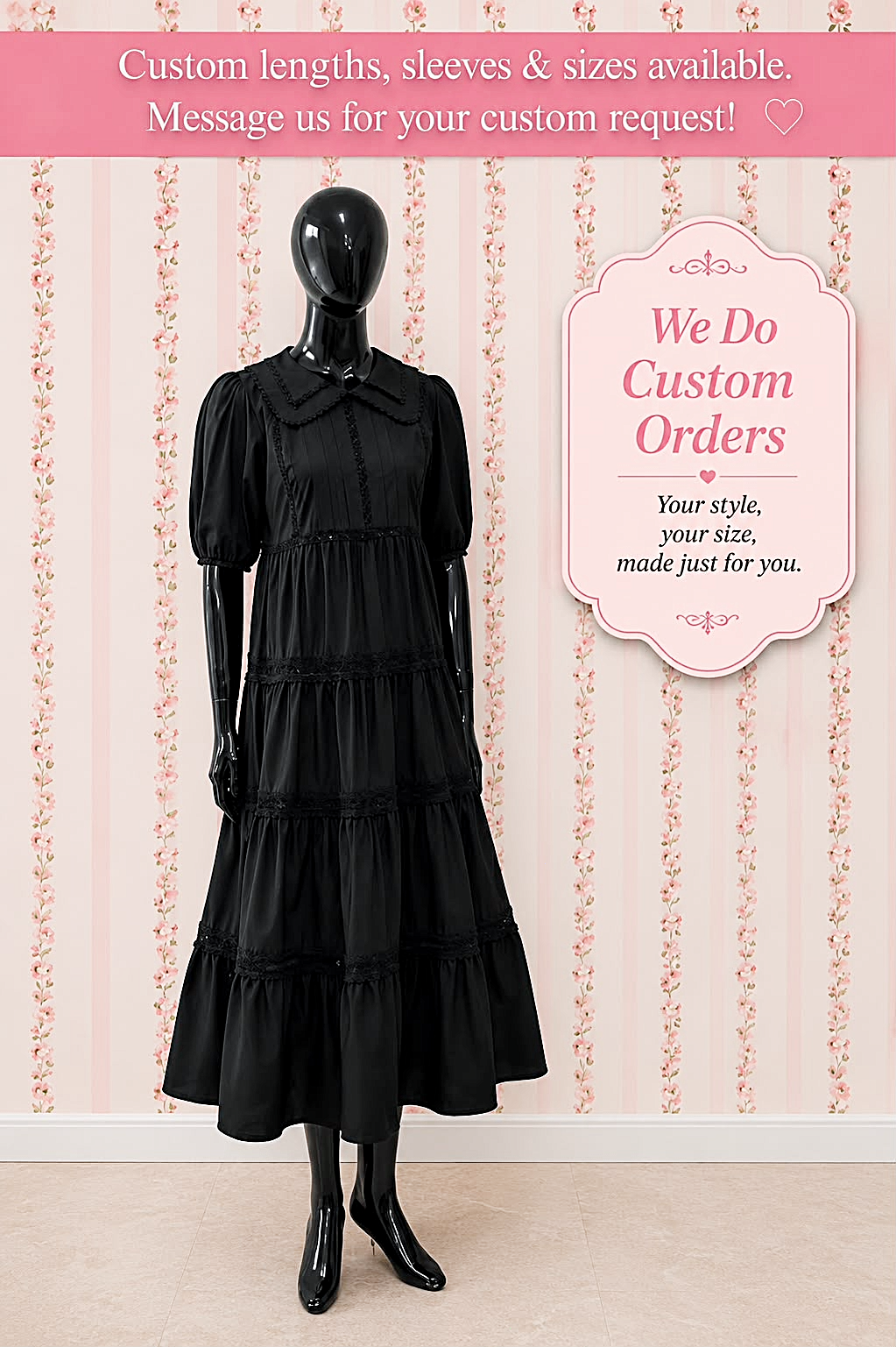 SoieRose 100% Cotton Vintage Cottagecore Black Tiered Maxi Dress - SR-1315