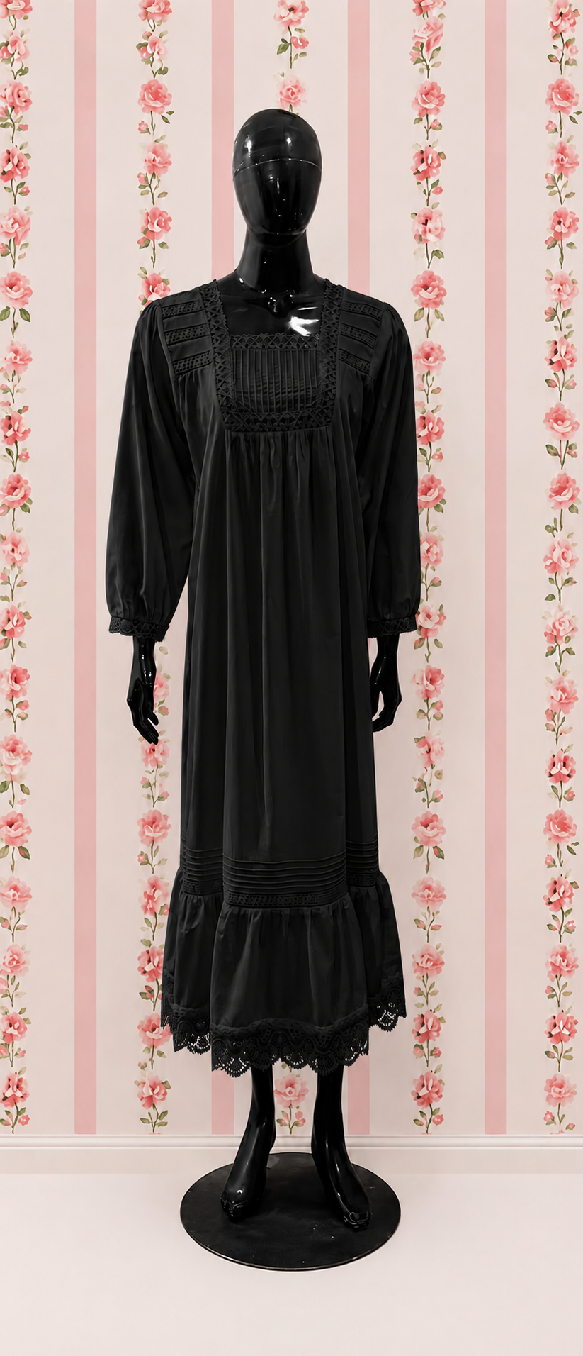 SoieRose 100% Cotton Vintage Cottagecore Victorian Lace Trim Maxi Dress - SR-1314