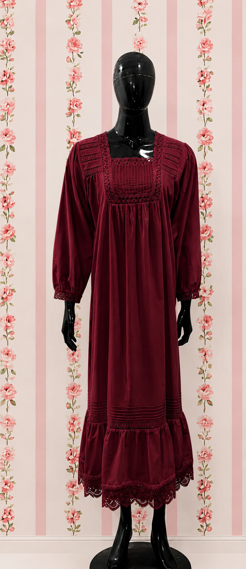 SoieRose 100% Cotton Vintage Cottagecore Victorian Lace Trim Maxi Dress - SR-1314
