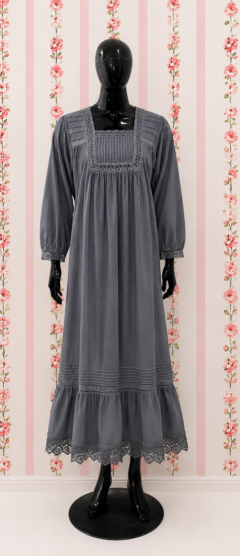 SoieRose 100% Cotton Vintage Cottagecore Victorian Lace Trim Maxi Dress - SR-1314