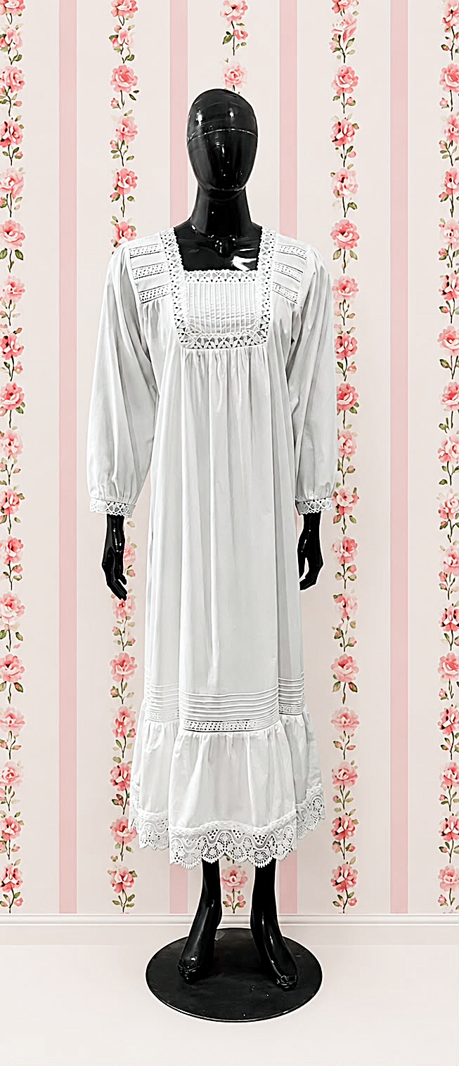SoieRose 100% Cotton Vintage Cottagecore Victorian Lace Trim Maxi Dress - SR-1314
