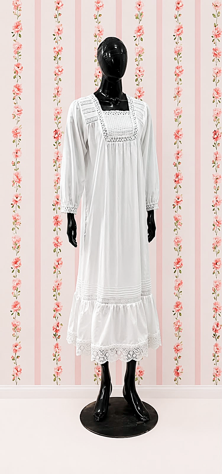 SoieRose 100% Cotton Vintage Cottagecore Victorian Lace Trim Maxi Dress - SR-1314