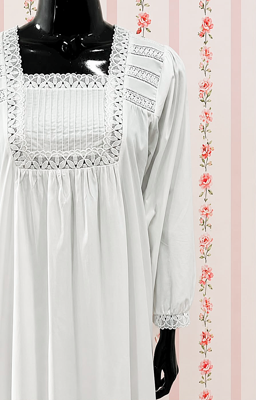 SoieRose 100% Cotton Vintage Cottagecore Victorian Lace Trim Maxi Dress - SR-1314