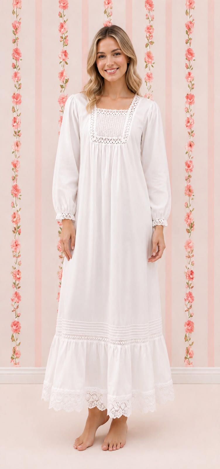 SoieRose 100% Cotton Vintage Cottagecore Victorian Lace Trim Maxi Dress - SR-1314