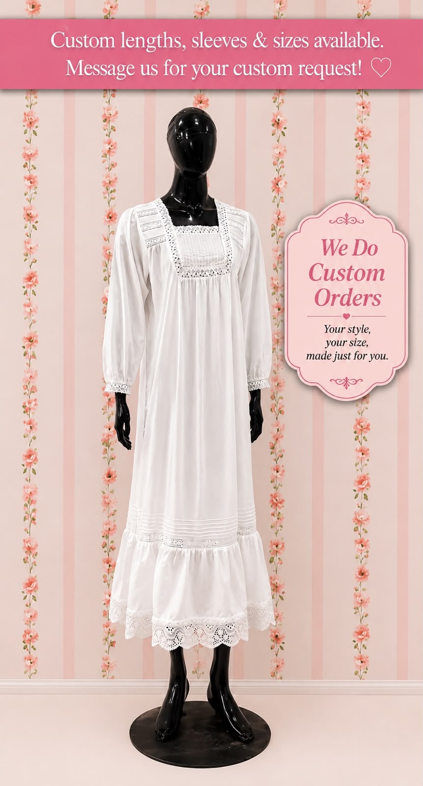 SoieRose 100% Cotton Vintage Cottagecore Victorian Lace Trim Maxi Dress - SR-1314