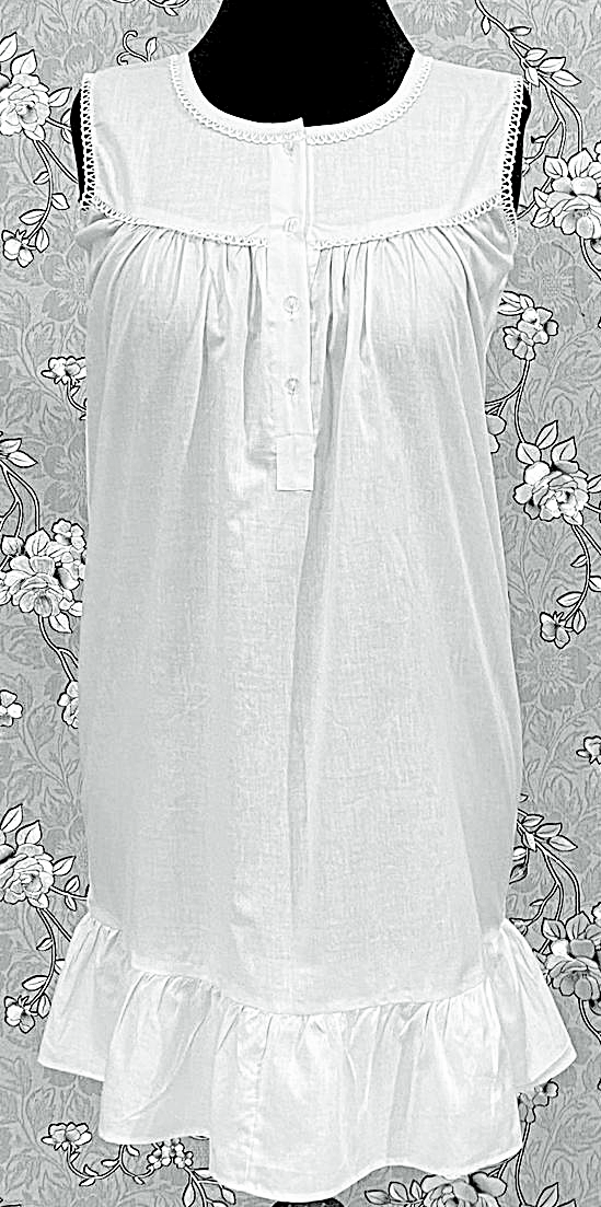 SoieRose 100% Cotton White Victorian Sleeveless Ruffle Hem Nightgown - SR-1149
