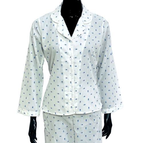 SoieRose 100% Cotton White and Blue Print Pajama Set - SR1079