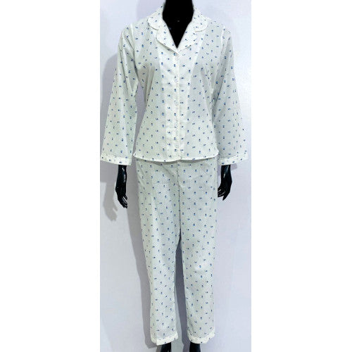 SoieRose 100% Cotton White and Blue Print Pajama Set - SR1079