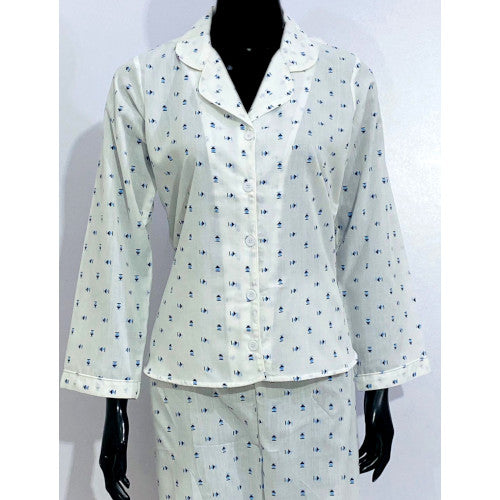 SoieRose 100% Cotton White and Blue Print Pajama Set - SR1079