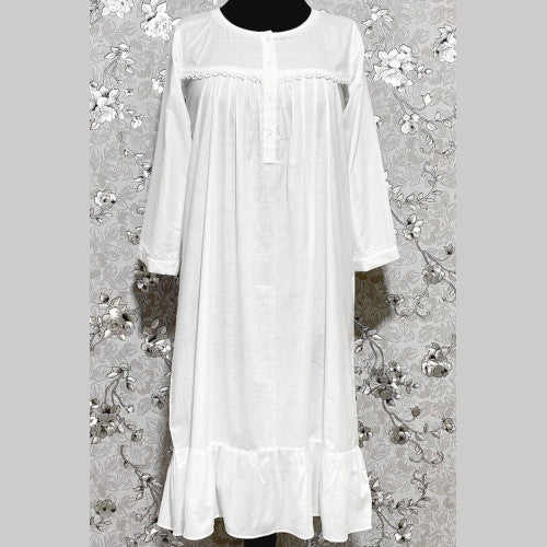 SoieRose 100% White Cotton  3/4 sleeves Victorian Nightgown - SR-1016