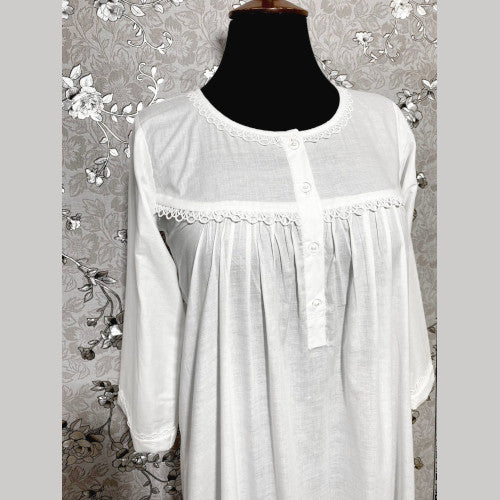 SoieRose 100% White Cotton  3/4 sleeves Victorian Nightgown - SR-1016