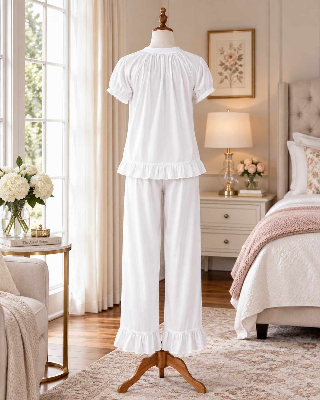 SoieRose 3 Piece White 100% Cotton Ruffle Sleepwear Pajama Set with Shorts & Long Pants - SR-1340