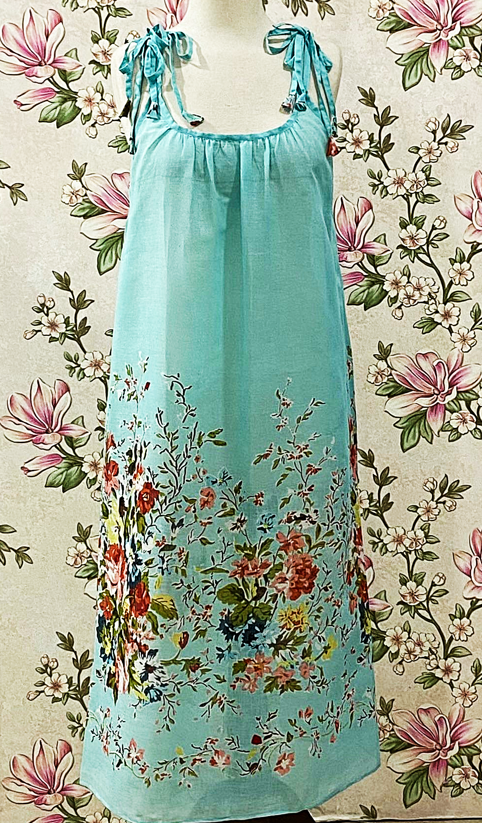 SoieRose Aqua Floral Cotton Boho Tie Shoulder Sundress - SR-1312