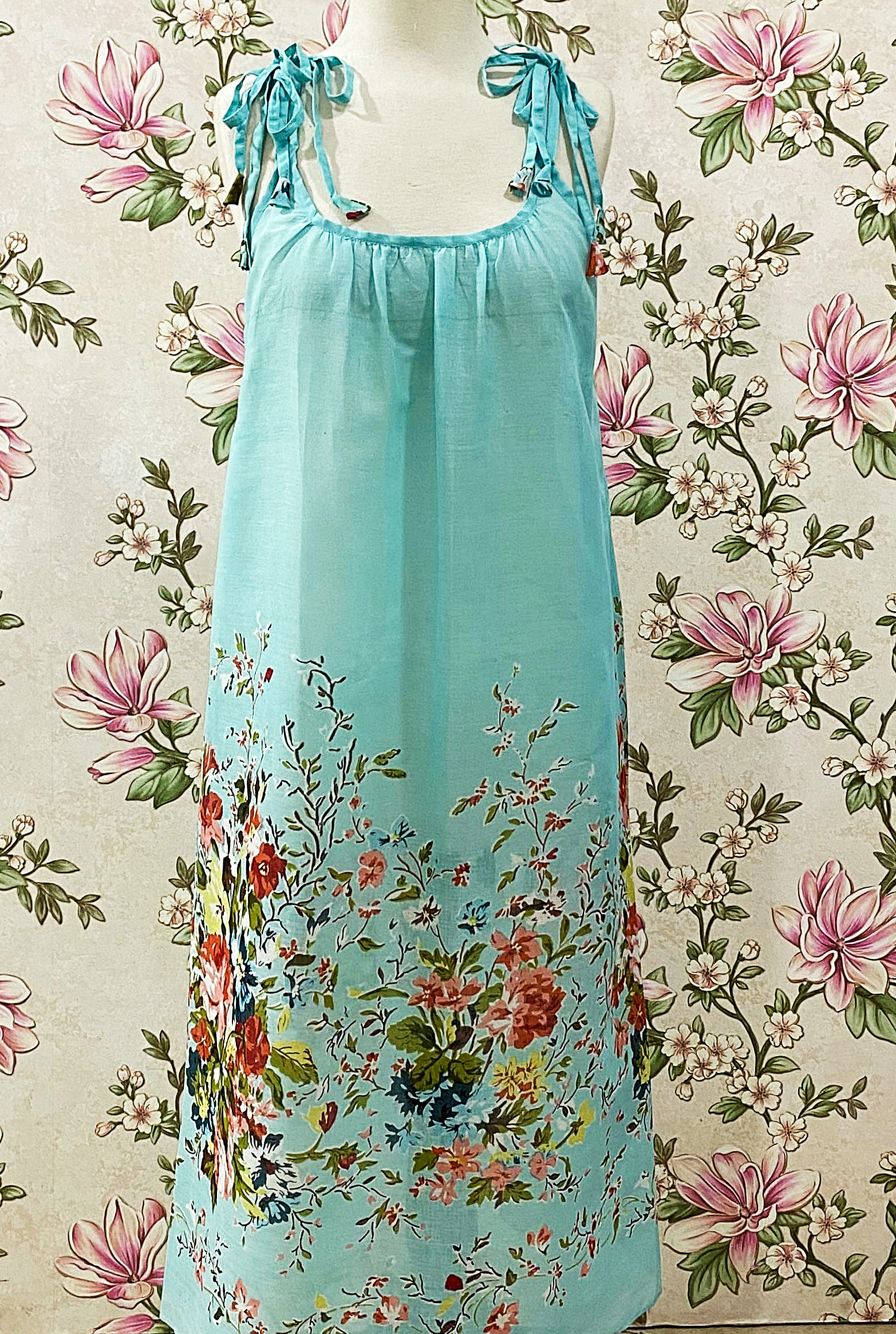 SoieRose Aqua Floral Cotton Boho Tie Shoulder Sundress - SR-1312