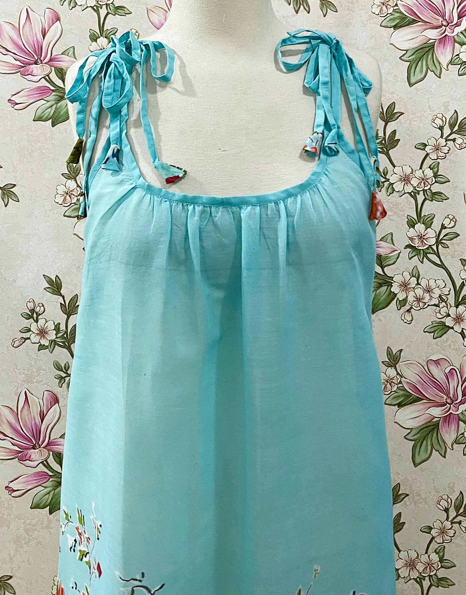SoieRose Aqua Floral Cotton Boho Tie Shoulder Sundress - SR-1312