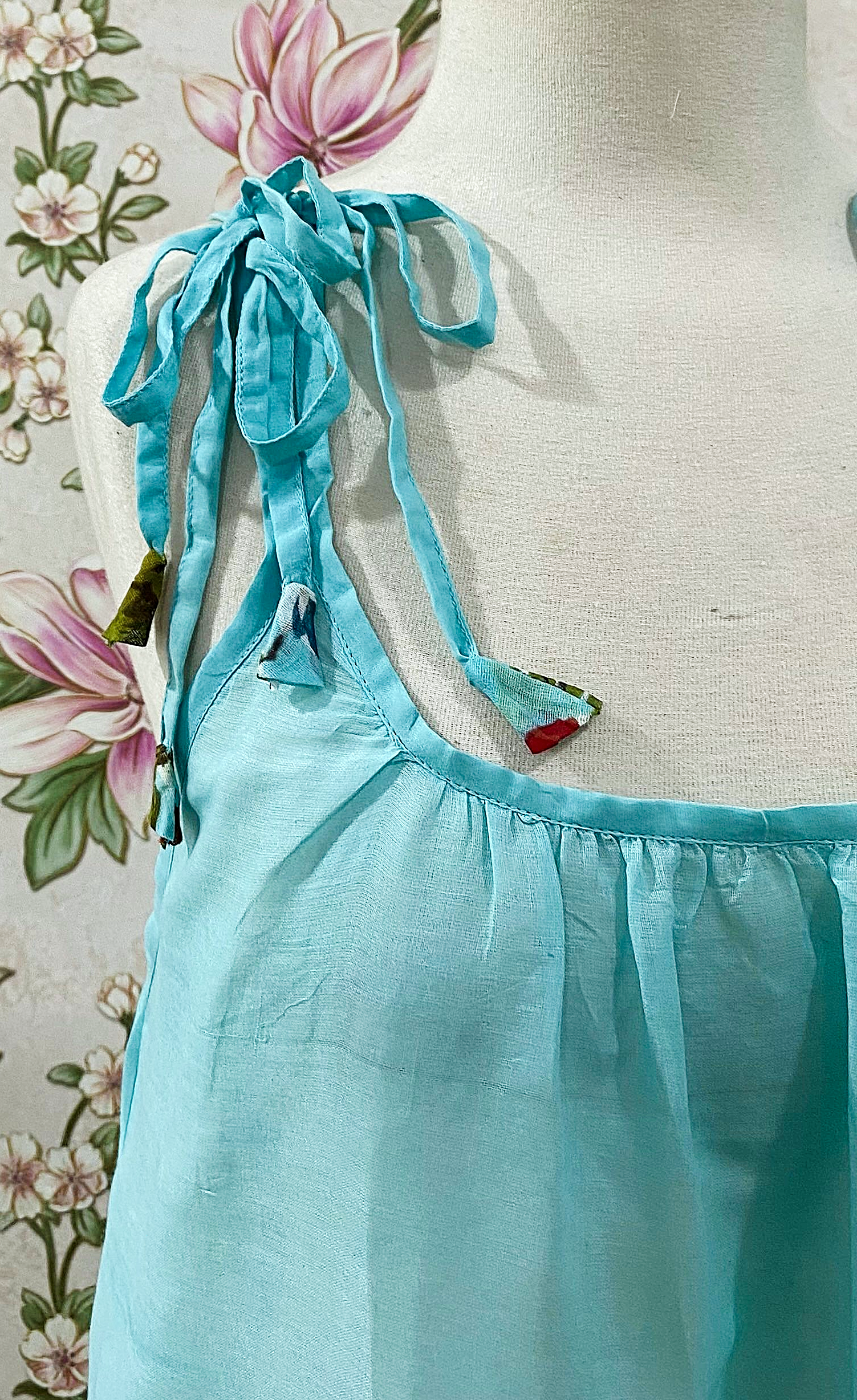 SoieRose Aqua Floral Cotton Boho Tie Shoulder Sundress - SR-1312