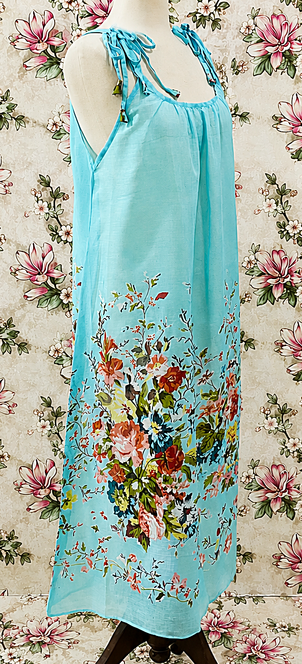 SoieRose Aqua Floral Cotton Boho Tie Shoulder Sundress - SR-1312