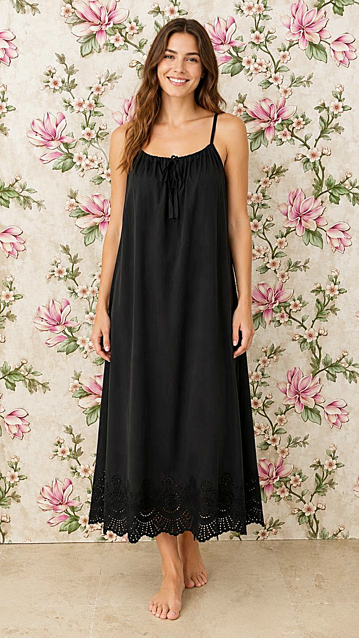 SoieRose Black 100% Cotton Spaghetti Strap Maxi Eyelet Nightgown SR-1332