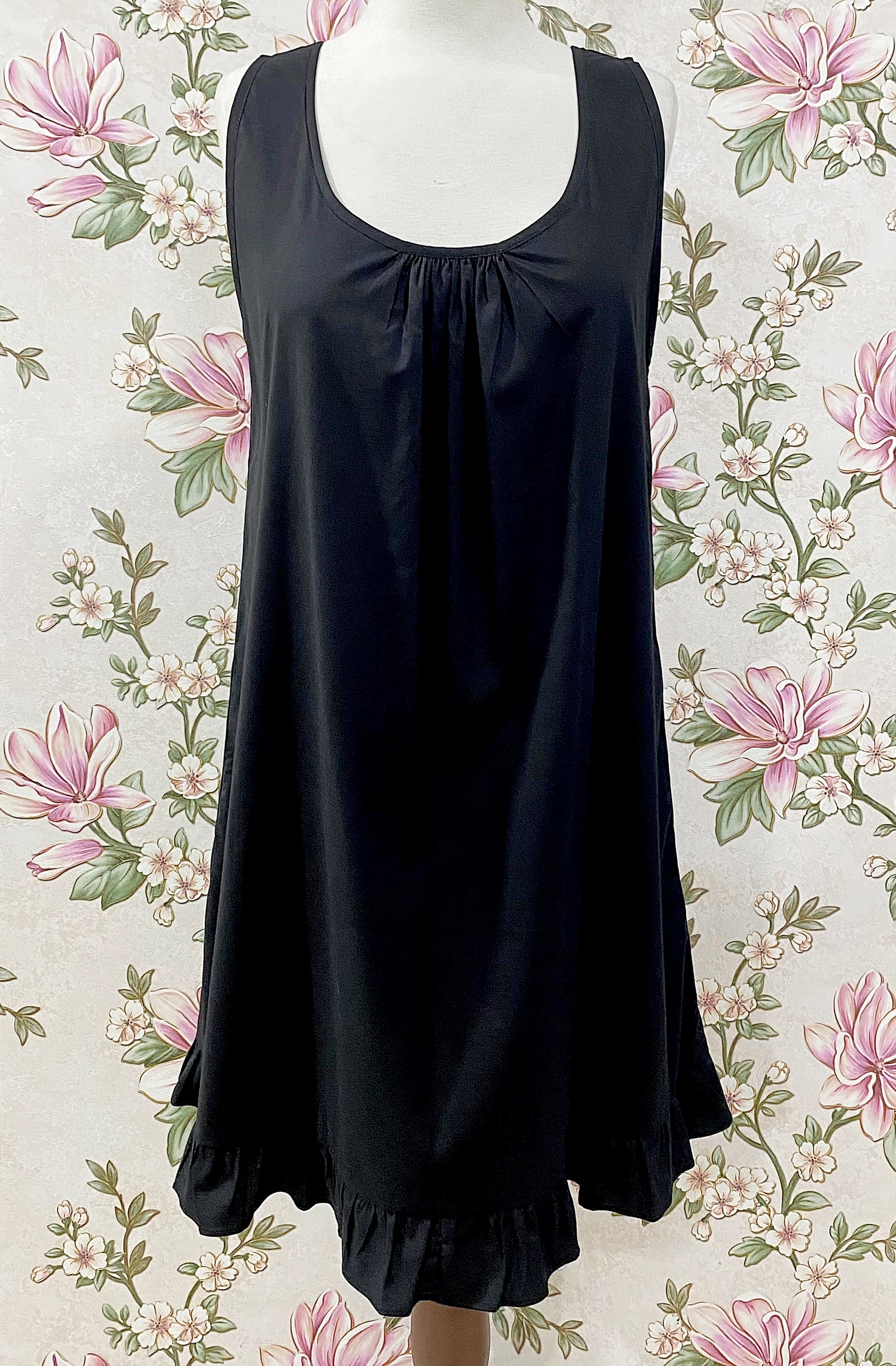 SoieRose Black Cotton Slip Nightgown | Victorian Underdress, Ruffle Hem Chemise - SR-1328