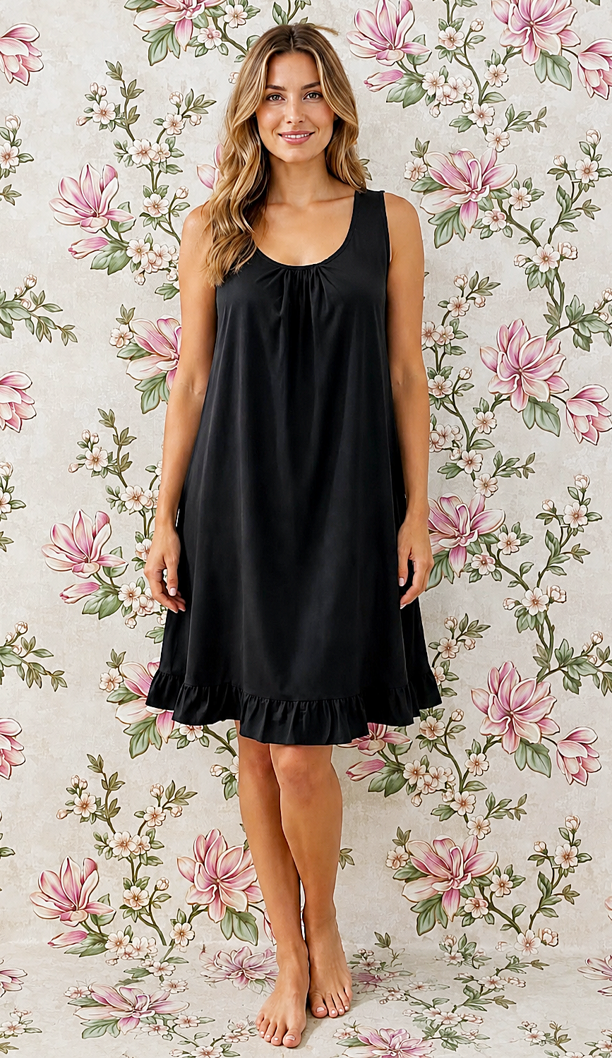 SoieRose Black Cotton Slip Nightgown | Victorian Underdress, Ruffle Hem Chemise - SR-1328