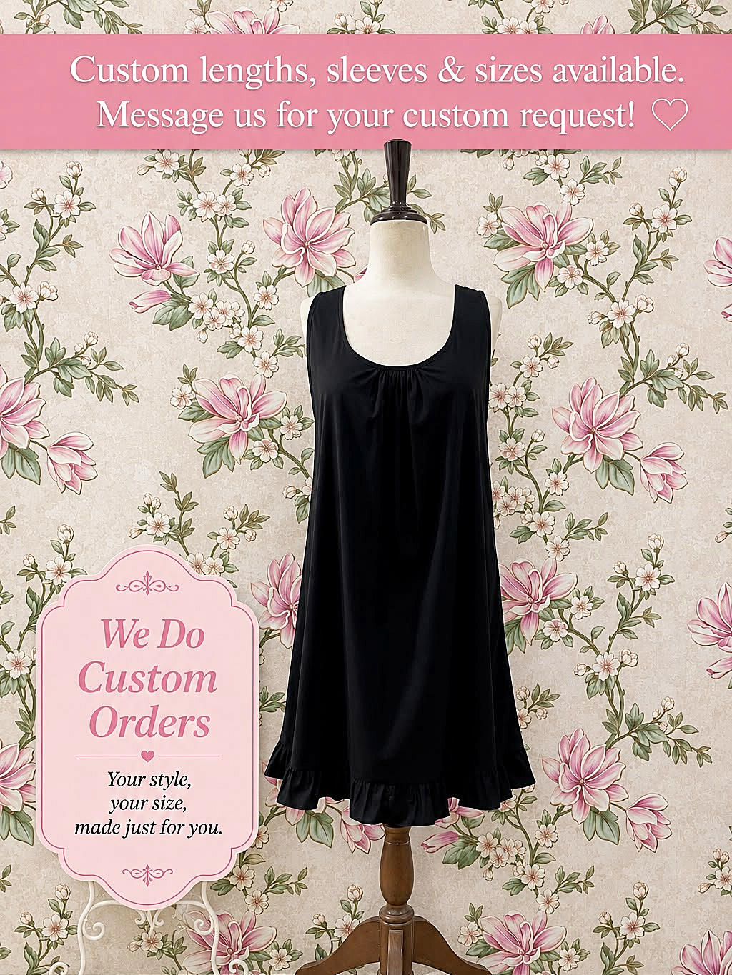 SoieRose Black Cotton Slip Nightgown | Victorian Underdress, Ruffle Hem Chemise - SR-1328