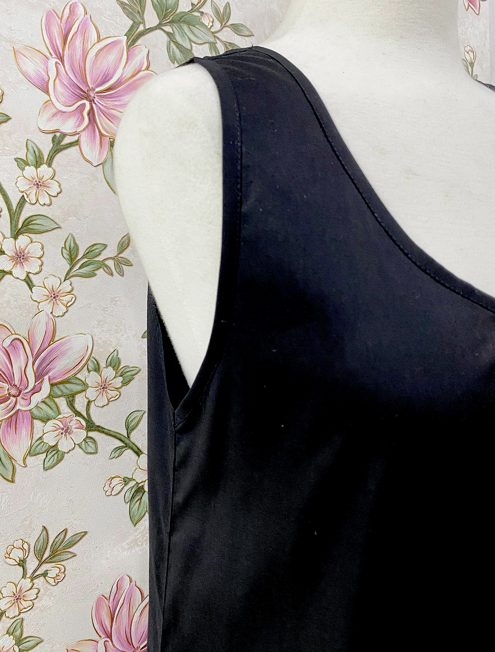 SoieRose Black Cotton Slip Nightgown | Victorian Underdress, Ruffle Hem Chemise - SR-1328