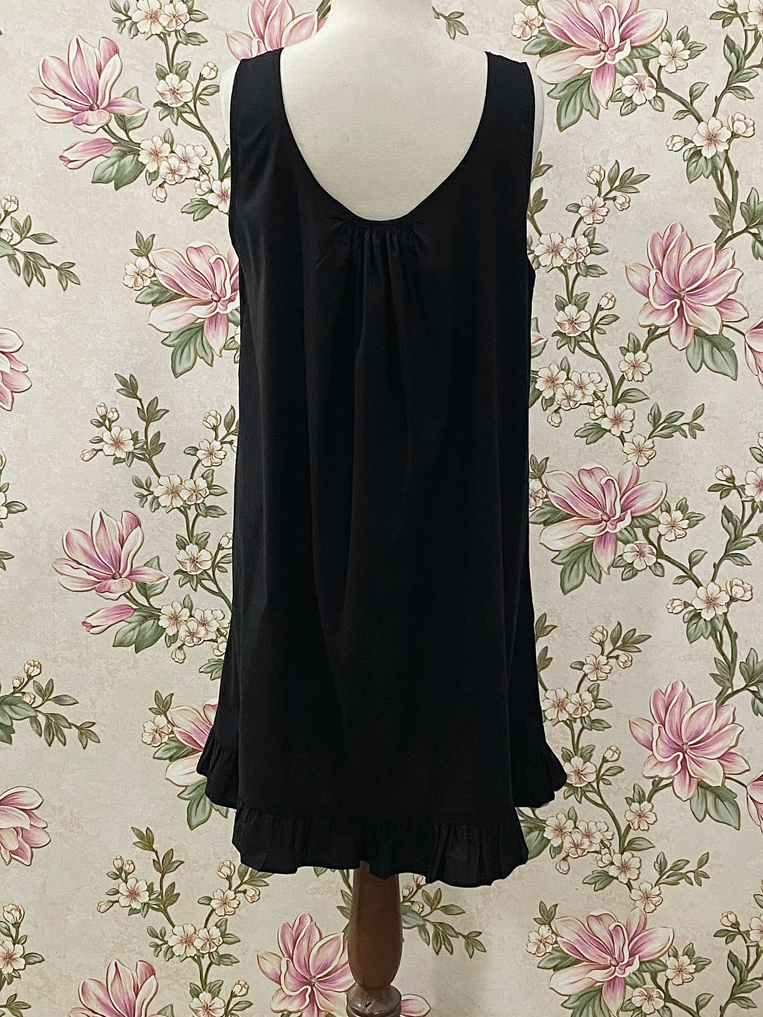 SoieRose Black Cotton Slip Nightgown | Victorian Underdress, Ruffle Hem Chemise - SR-1328