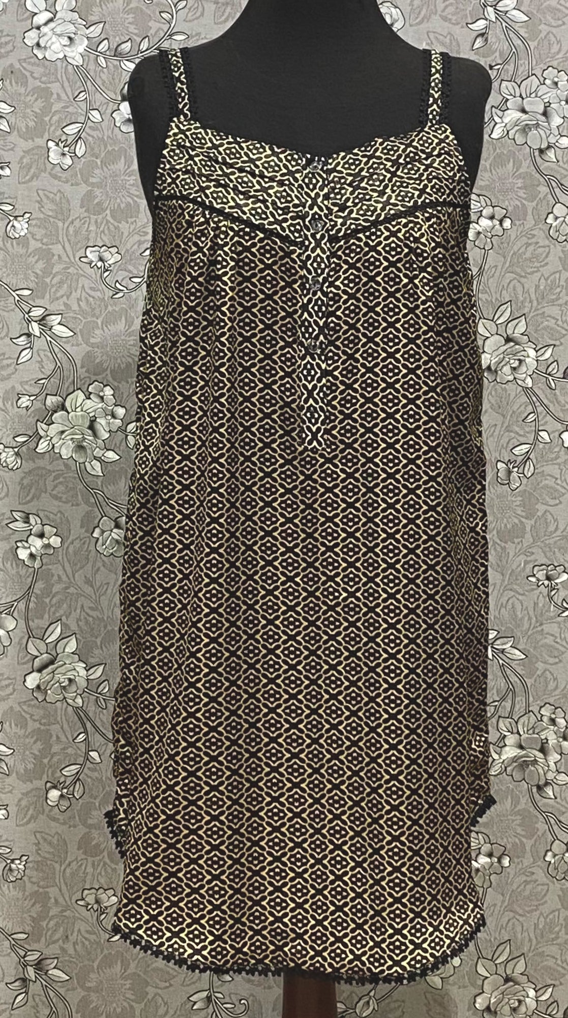 SoieRose Black Gold Ornate Print Satin Victorian Nightgown SR-1244