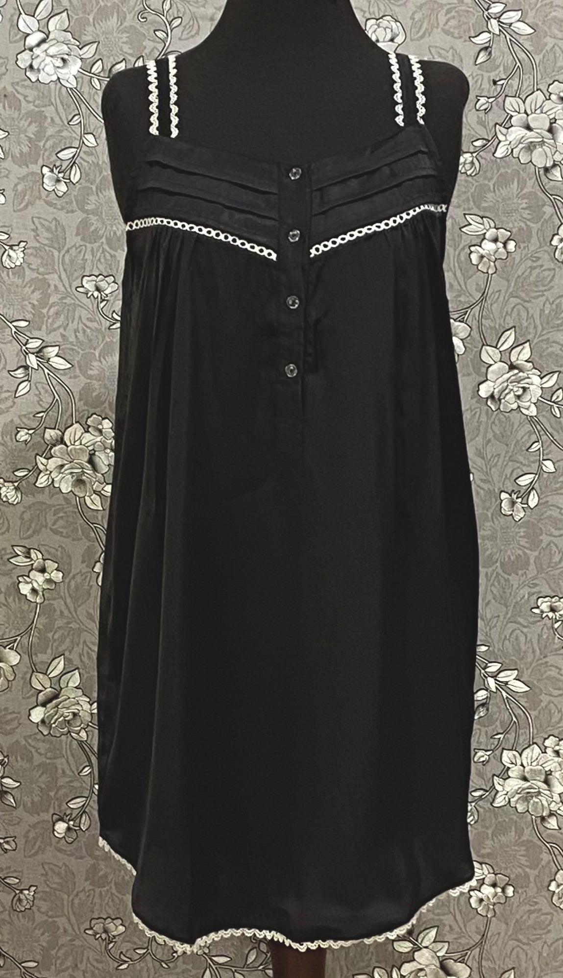 SoieRose Black Satin Nightgown SR-1266 | Victorian Lace Trim Nightdress
