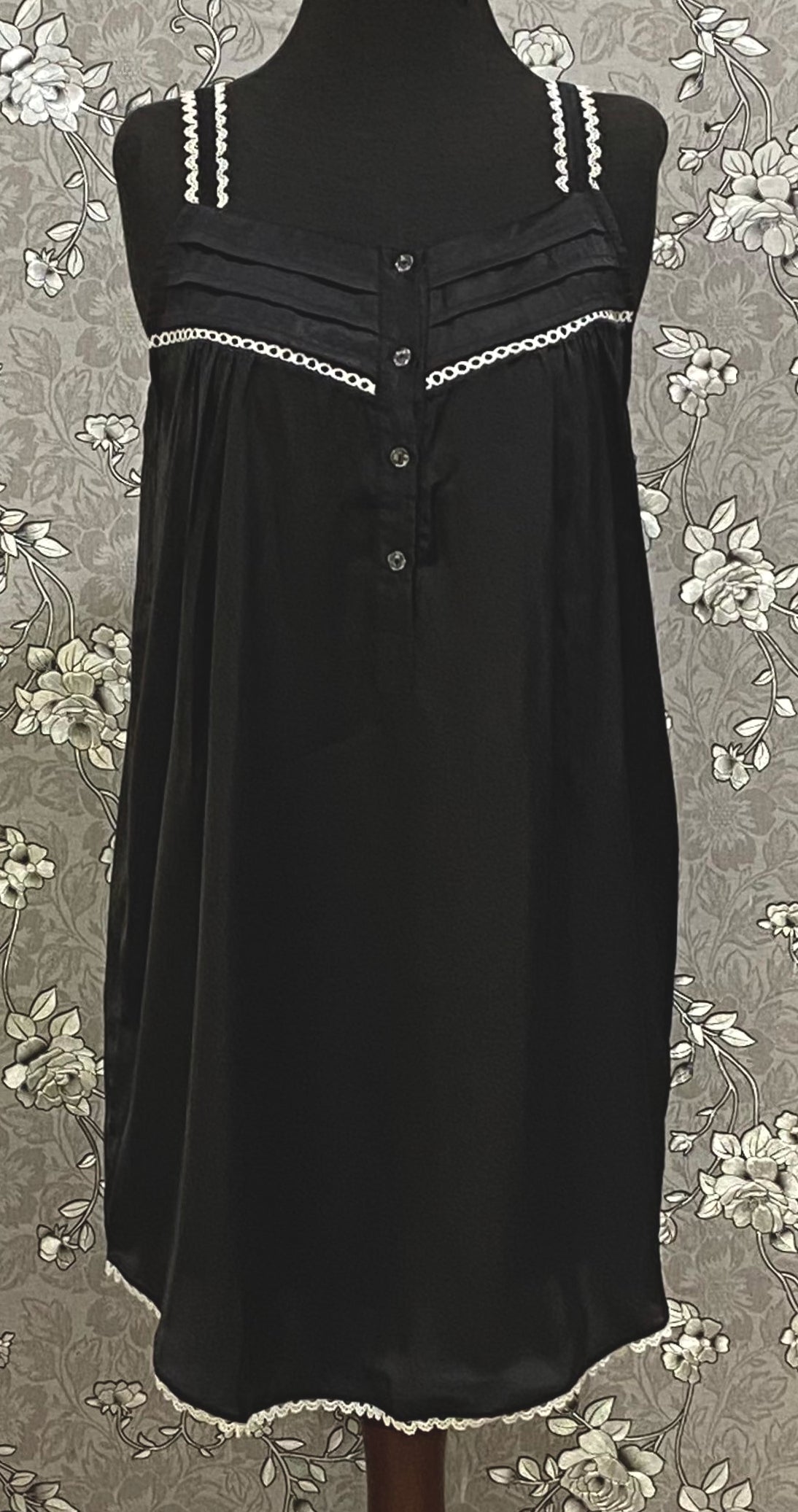 SoieRose Black Satin Nightgown SR-1266 | Victorian Lace Trim Nightdress