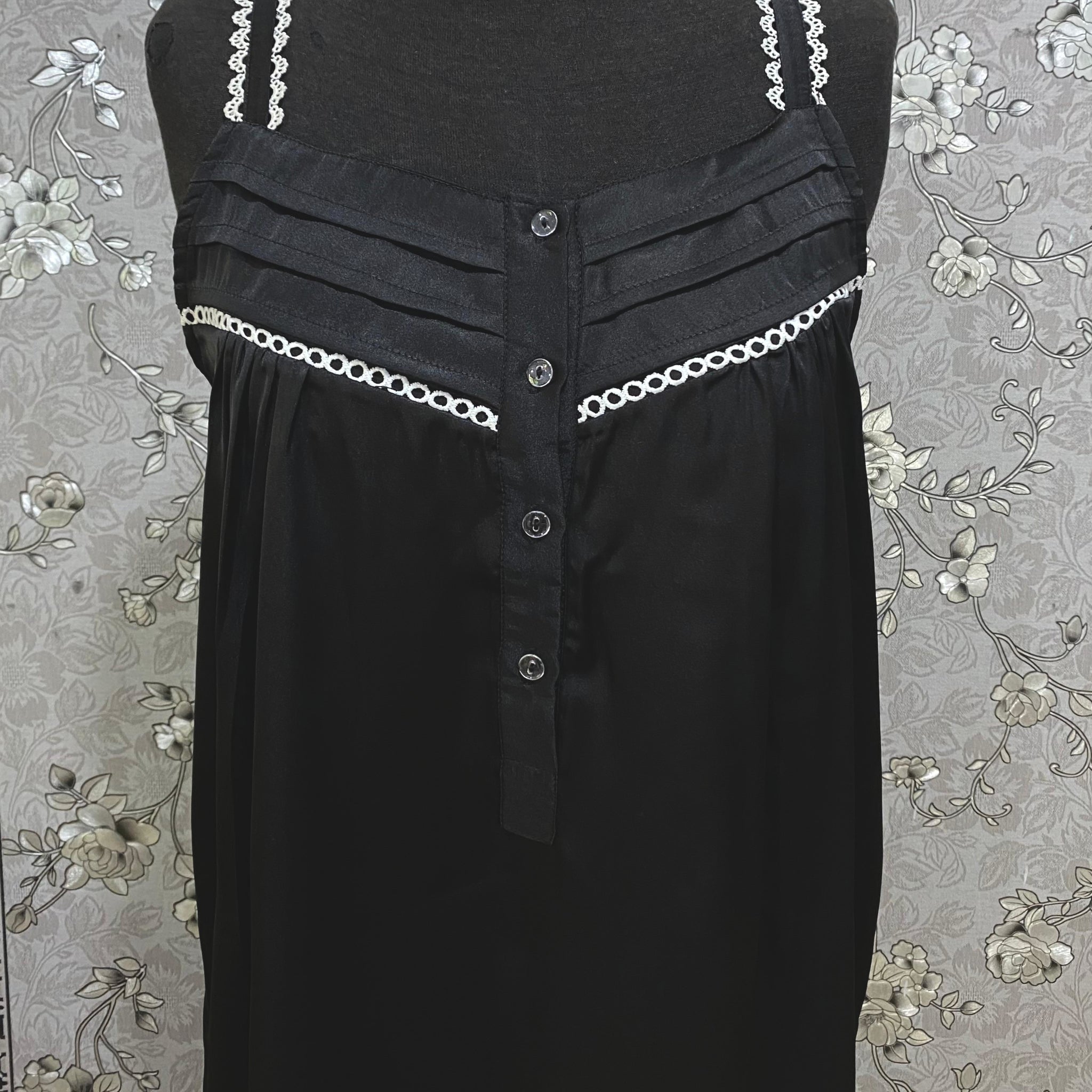 SoieRose Black Satin Nightgown SR-1266 | Victorian Lace Trim Nightdress