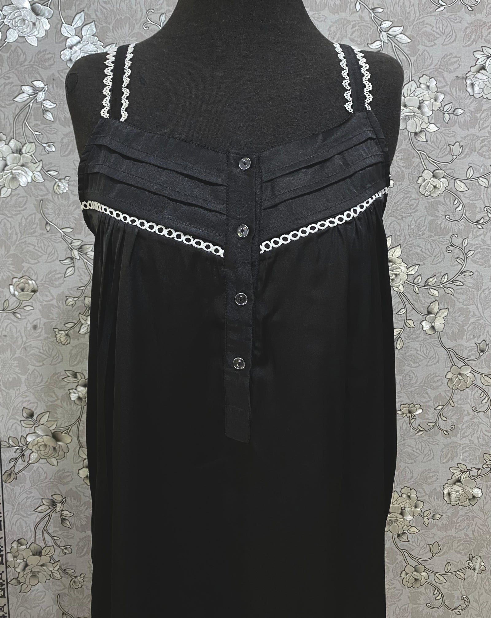 SoieRose Black Satin Nightgown SR-1266 | Victorian Lace Trim Nightdress