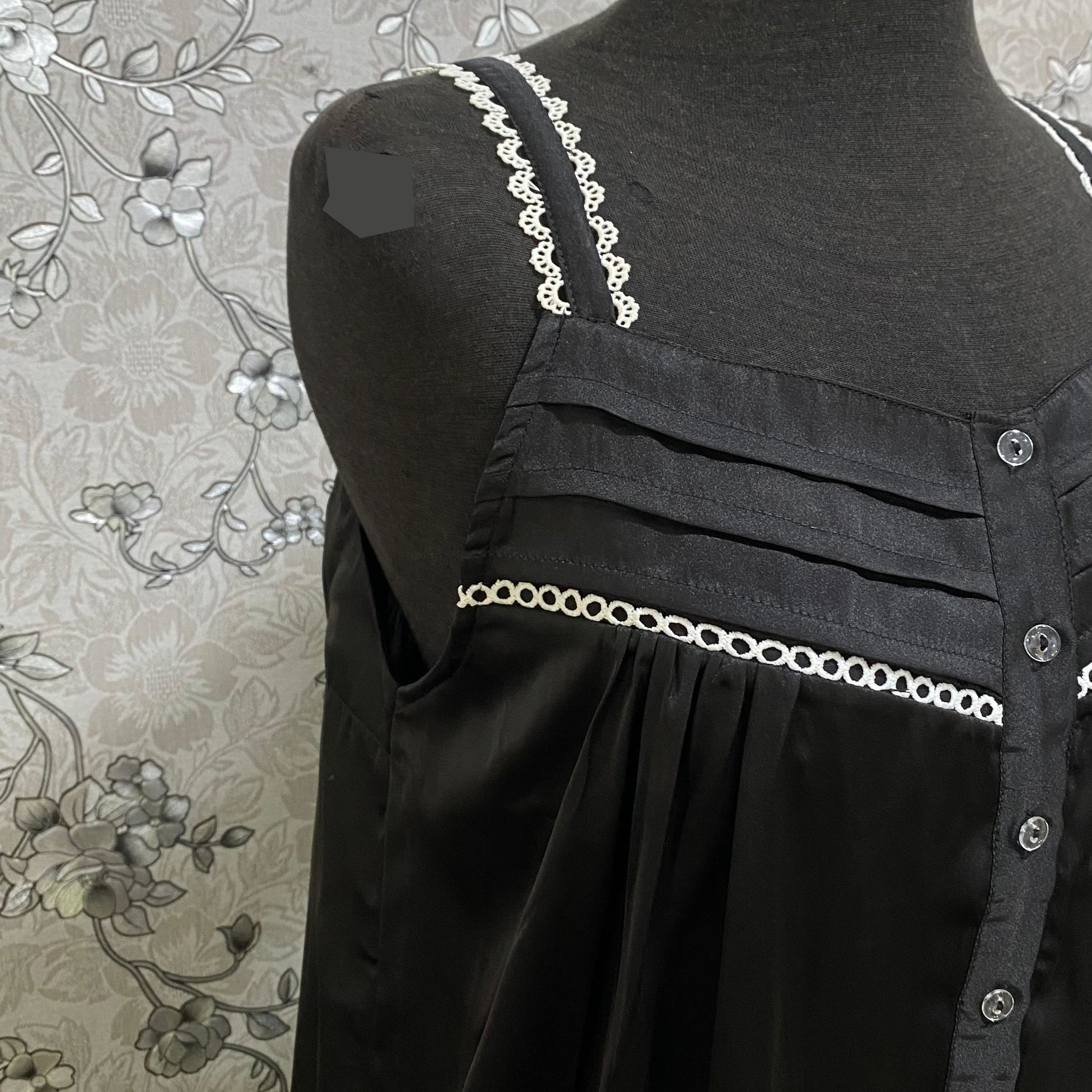 SoieRose Black Satin Nightgown SR-1266 | Victorian Lace Trim Nightdress