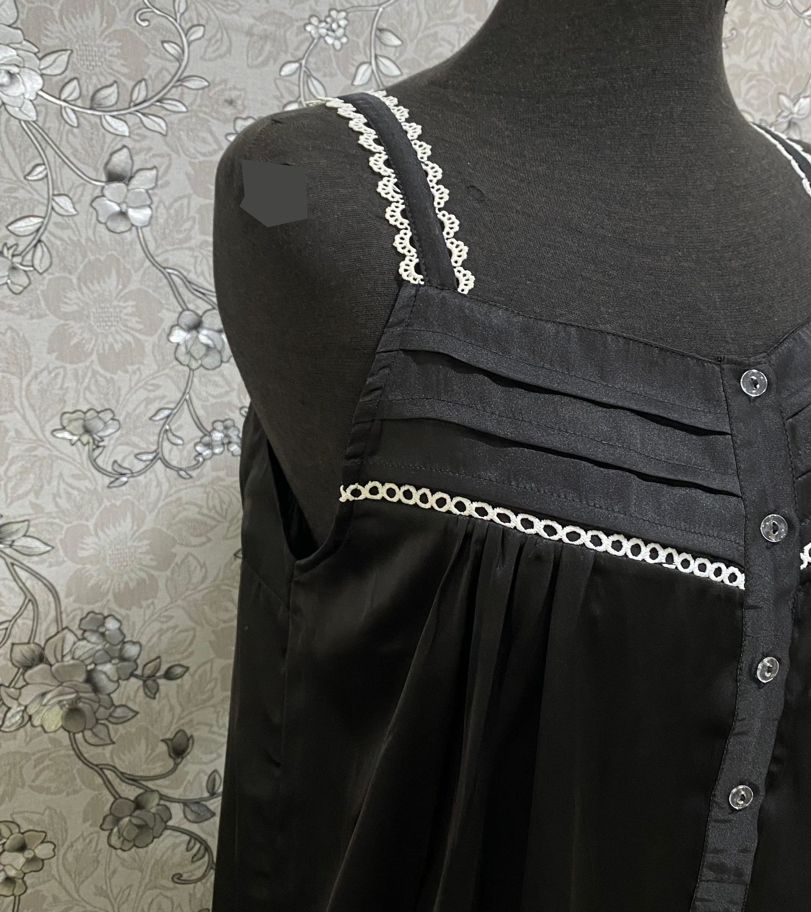SoieRose Black Satin Nightgown SR-1266 | Victorian Lace Trim Nightdress