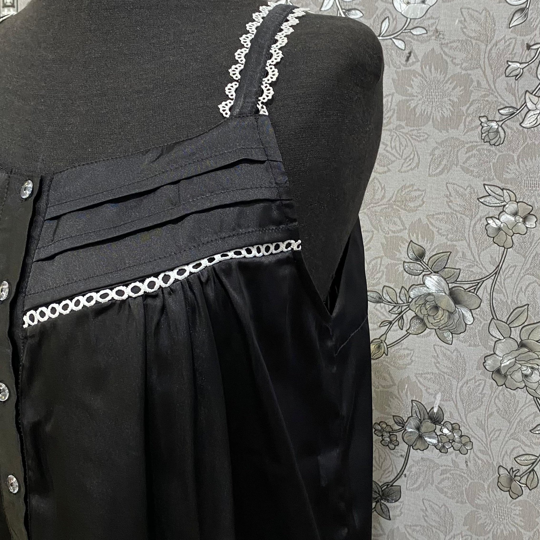 SoieRose Black Satin Nightgown SR-1266 | Victorian Lace Trim Nightdress