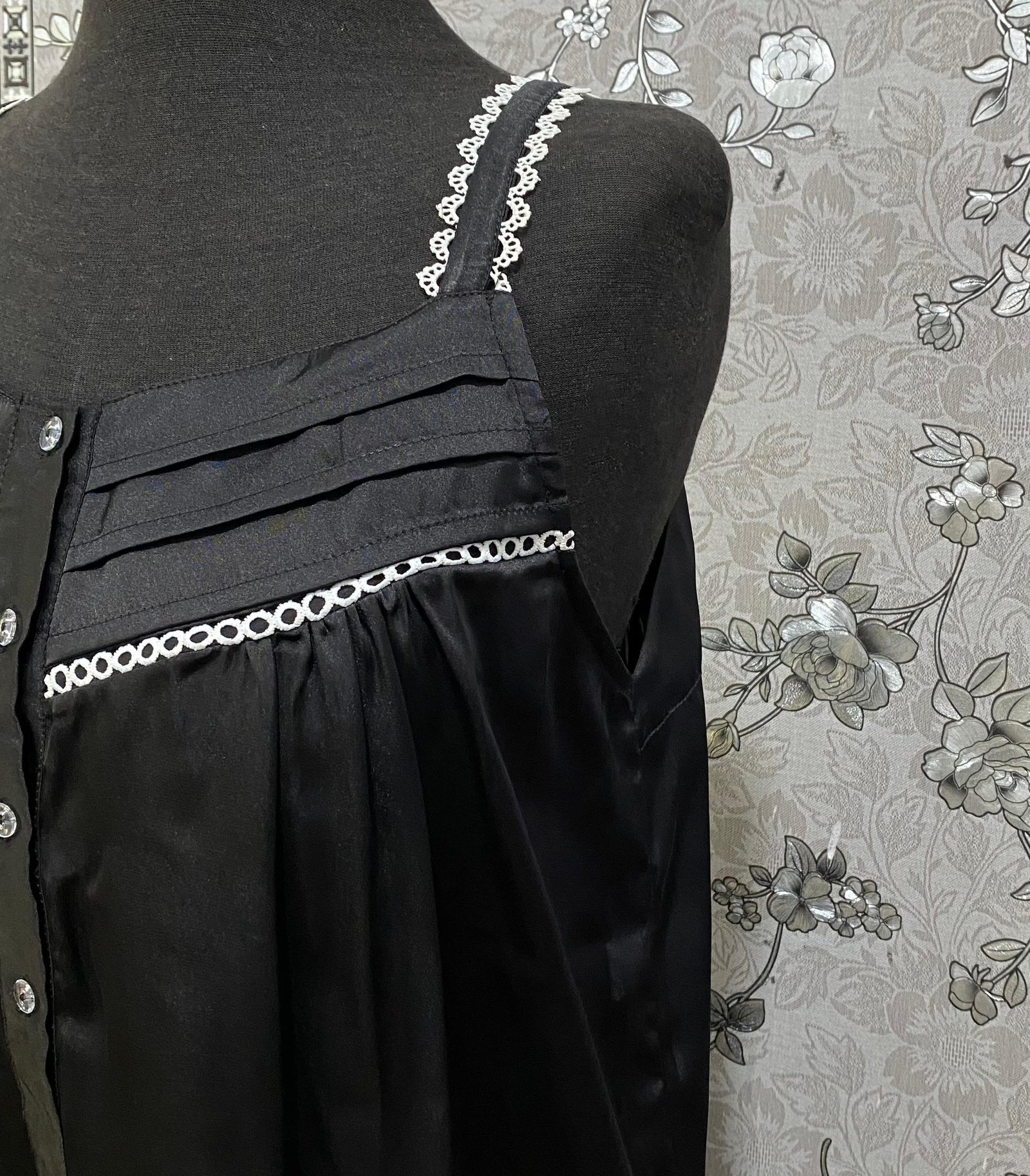 SoieRose Black Satin Nightgown SR-1266 | Victorian Lace Trim Nightdress